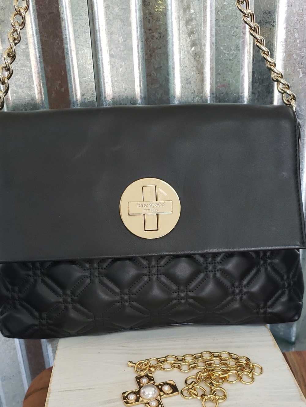 Beautiful kate spade Black Quilted & Smooth Leather Crossbody with Gold Hardware